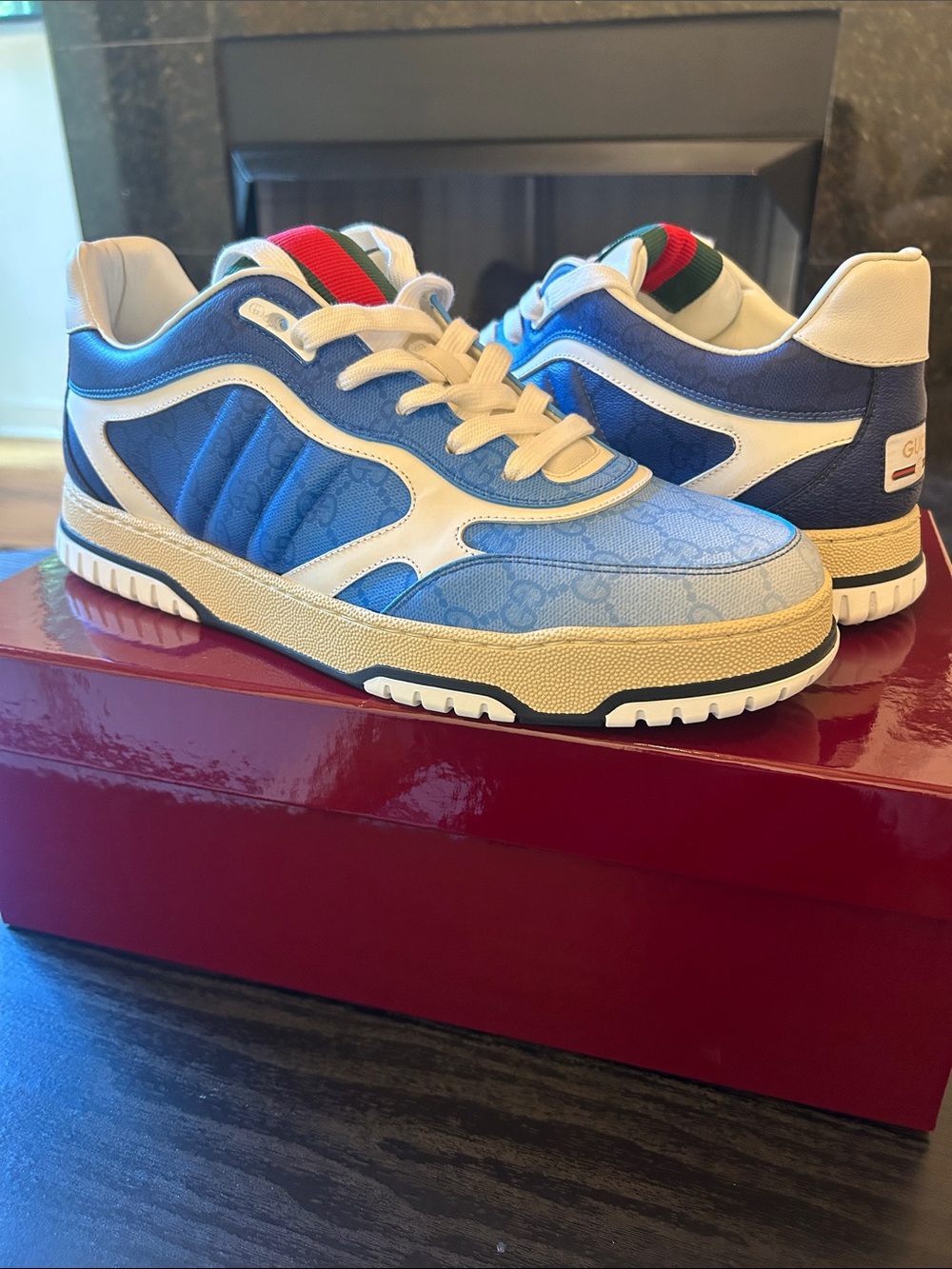 Gucci Reweb Blue and White Low-Top Sneakers with Red-Green Web